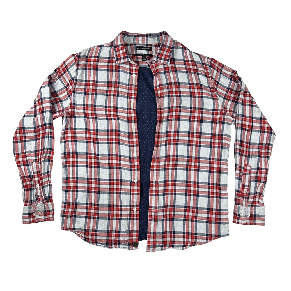 Banana Republic Mens Untucked Slim Fit Plaid Button Down Shirt Red Blue Large